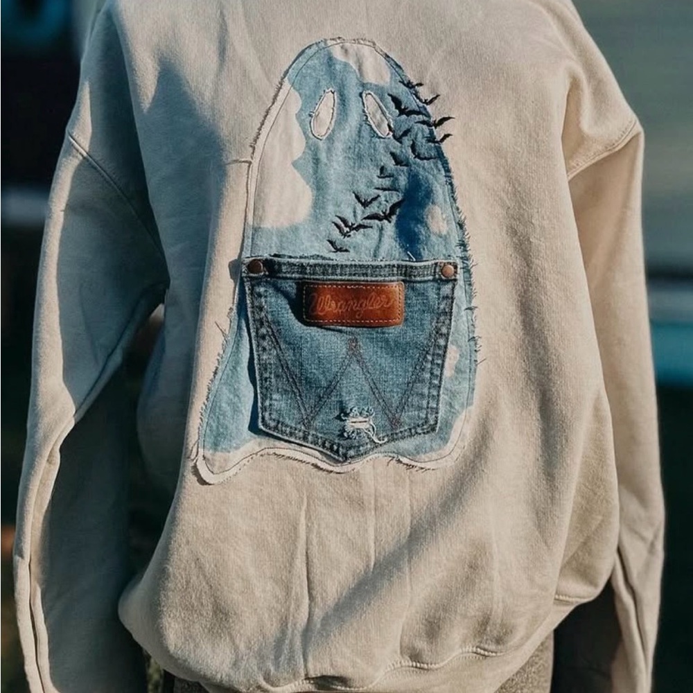 Cream Sweatshirt with Denim Ghost Patch